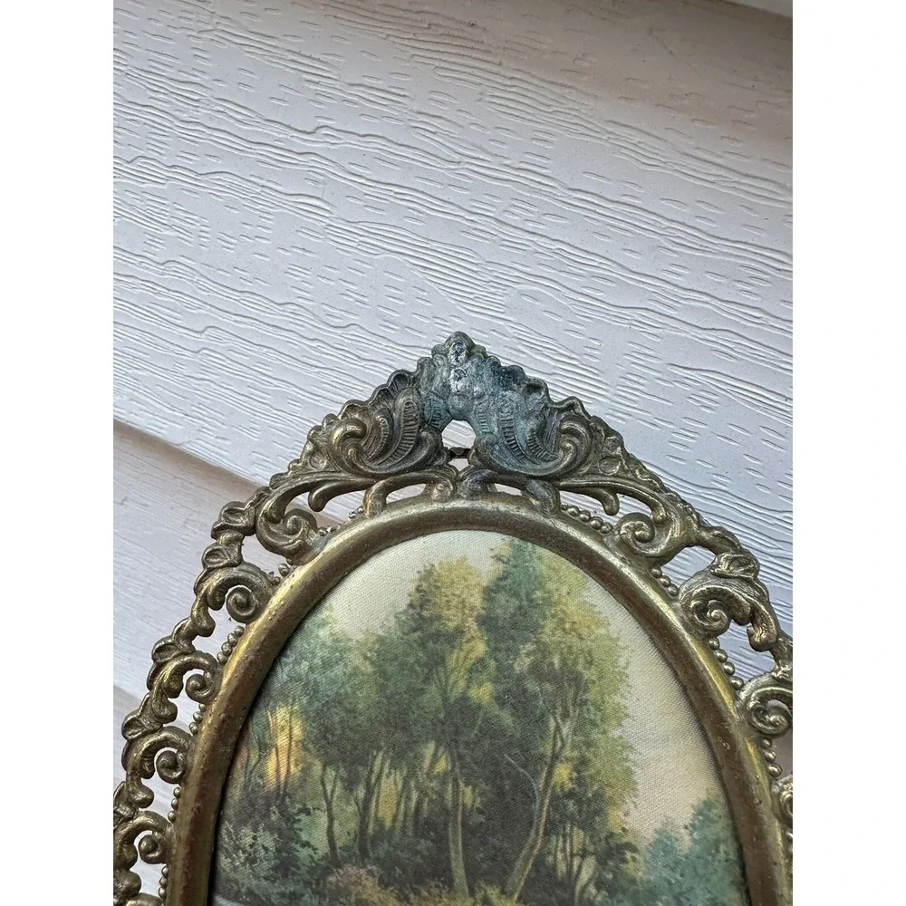 Vintage Victorian Brass Oval Ornate‎ Picture Frames Silk Children Outdoors X2